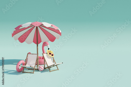 Beach chairs, umbrella and sun accessories on blue background. Summer travel concept. 3d render