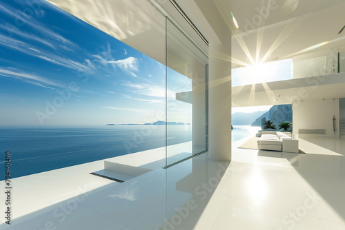 A modern coastal home with sleek white surfaces and stunning sea views  illuminated by the bright summer sun.