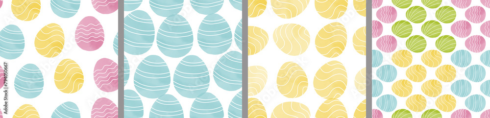 Watercolor set of seamless patterns. Collection of hand drawn pastel Easter eggs Watercolor set of seamless patterns. Collection of hand drawn pastel Easter eggs