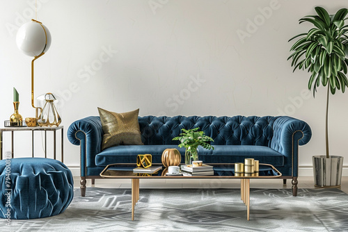 A modern living room that exudes elegance, with a peacock blue velvet sofa, a sleek coffee table,  photo