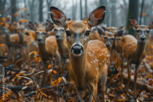 A herd of robotic deer equipped with sensors and cameras to study the behavior of wildlife in a dense forest without human disturbance photo