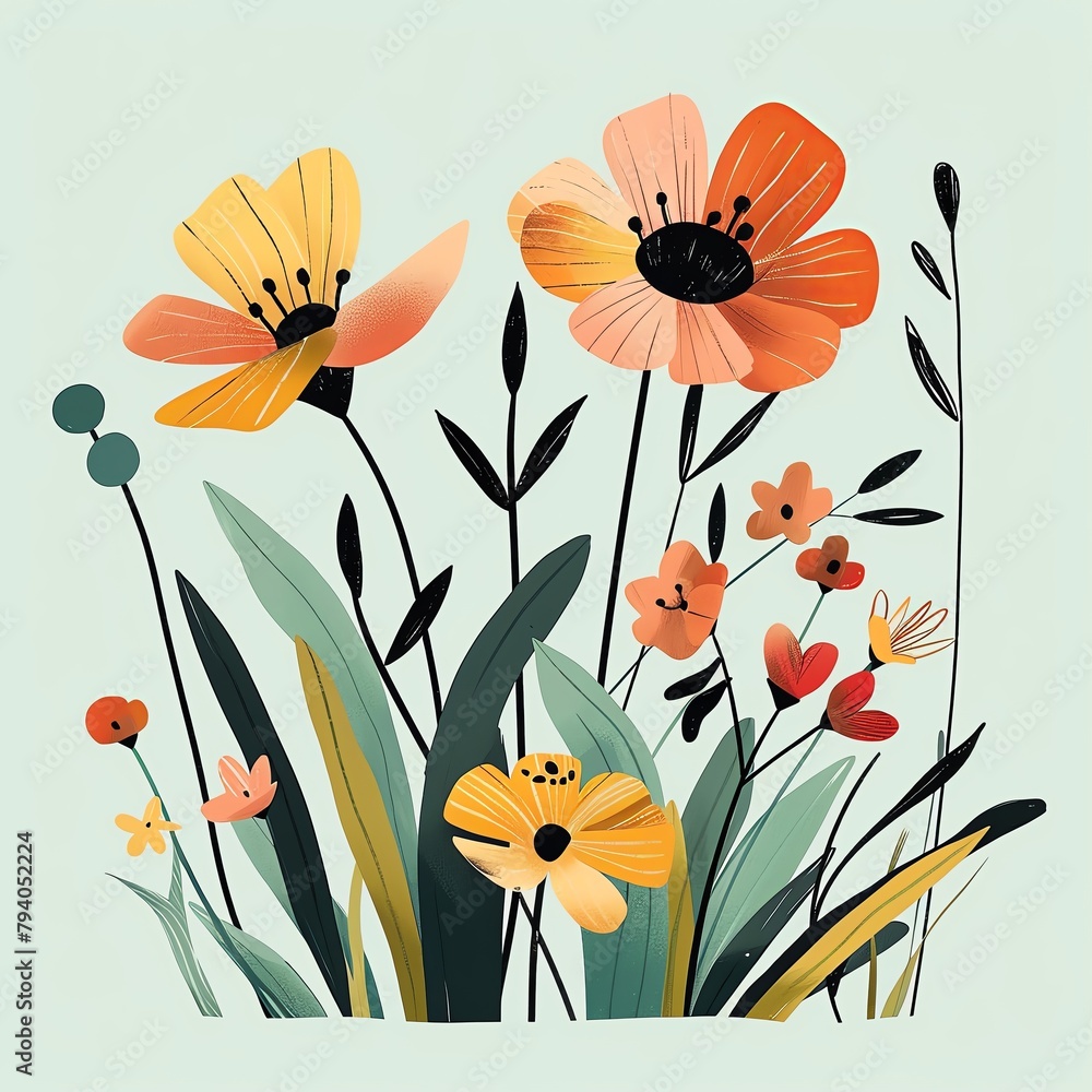 A variety of flowers and plants with bright colors on a light green background in a flat illustration style.