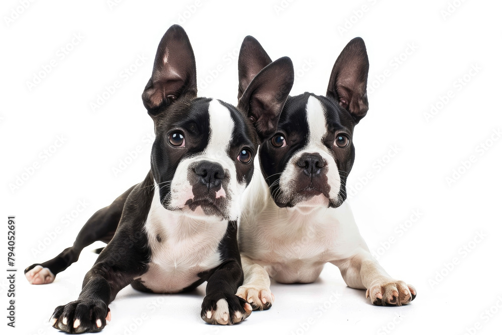 Boston Terrier Dog couple isolated on white background