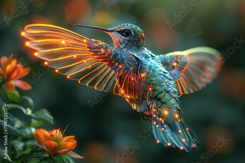 A robotic hummingbird with iridescent solar panel wings, hovering over a flower with integrated charging ports