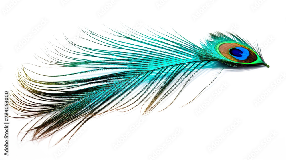 Obraz premium elegant peacock feather isolated against a stark white background