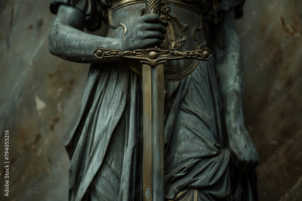 powerful photograph showcasing the Themis statue's sword, symbolizing the authority and enforcement of justice, against a neutral backdrop, emphasizing its role in upholding law an powerful photograph showcasing the Themis statue's sword, symbolizing the authority and enforcement of justice, against a neutral backdrop, emphasizing its role in upholding law an