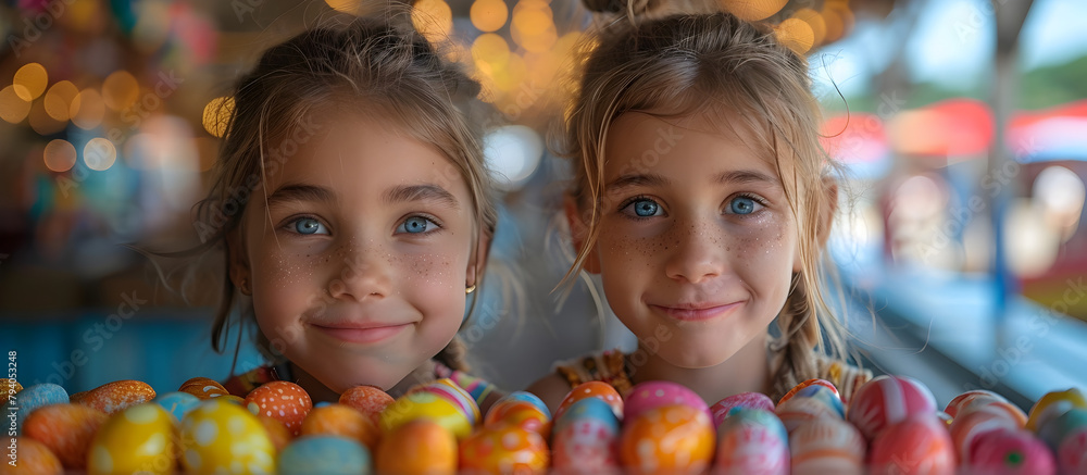 Fototapeta premium Joyful Young Sisters Enjoying Easter Carnival Festivities with Colorful Sweets and Fruits