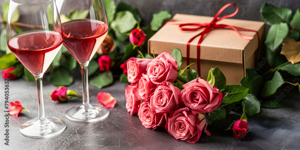 Two glasses of red wine beside a gift-wrapped box and a lush bouquet of roses on a dark surface, creating a romantic mood Two glasses of red wine beside a gift-wrapped box and a lush bouquet of roses on a dark surface, creating a romantic mood
