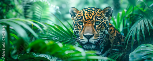 Closeup of a jaguar peeking out from behind a tree in the jungle. Wild animals concept. © LeManna
