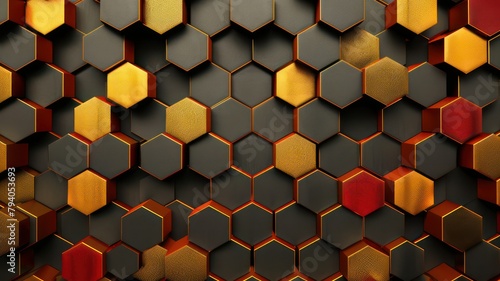 Dark gold yellow and red hexagon pattern as background created with Generative AI