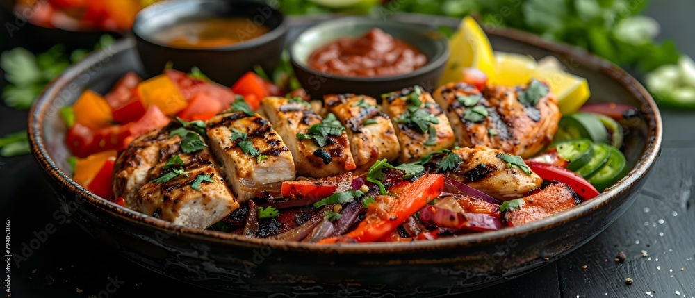 Grilled chicken fajita portion on a plate. Concept Food Photography, Grilled Chicken Fajitas, Plate Presentation, Mexican Cuisine, Delicious Dish Grilled chicken fajita portion on a plate. Concept Food Photography, Grilled Chicken Fajitas, Plate Presentation, Mexican Cuisine, Delicious Dish
