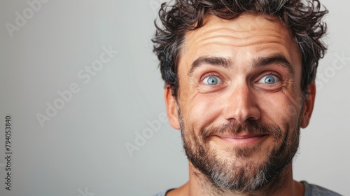 An unfamiliar man with a half shaved beard looks at the camera with wide eyes. photo