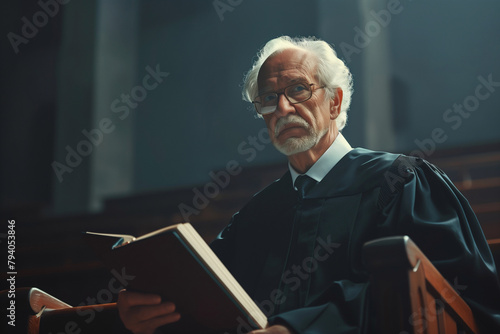 evocative capture depicting the composed and impartial stance of a mature judge, holding an open folder while delivering a verdict, against a muted background, emphasizing the impo photo