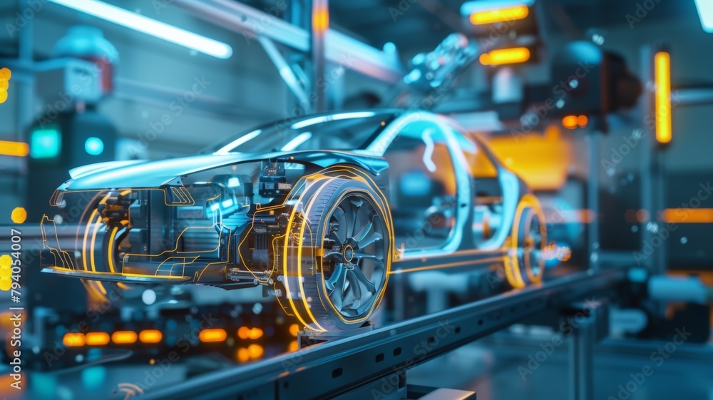 AI technology in the manufacturing industry Use robots to inspect various parts. of electric cars in the production of all parts