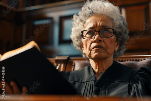 mature judge's pronouncement of a verdict from an open folder, emphasizing their impartiality and discernment, against a neutral backdrop, underscoring the importance of fairness a photo