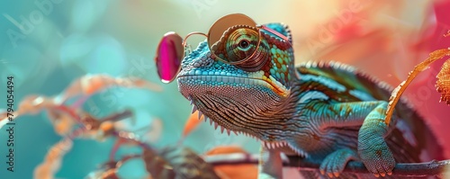 Chameleon portrait with mirrored sunglasses. Dramatic light.
