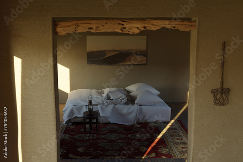 oriental bedroom with cozy low bed. 3D Rendering