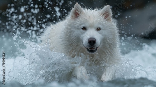 Animated portrait of a white Samoyed crazy dog  running away from a blue background of a river
