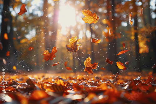 Vibrant autumn leaves falling gently to the ground in a peaceful forest setting  close-up