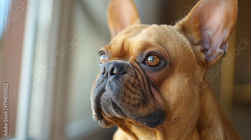 One emotional french bulldog in ginger on a brown background photo