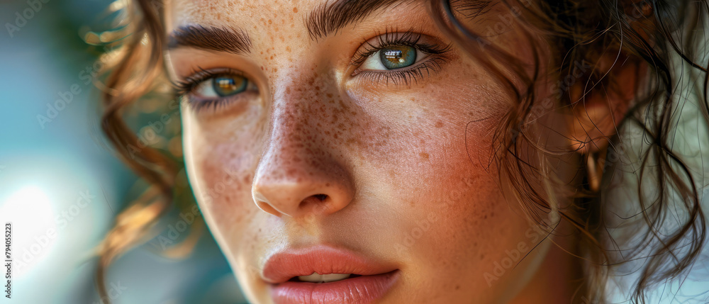 Close-Up of a Woman's Face Highlighting Freckles and Green Eyes