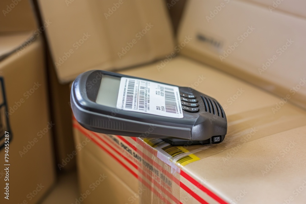 Barcode scanner on a parcel in a warehouse for inventory control and seamless package tracking Barcode scanner on a parcel in a warehouse for inventory control and seamless package tracking