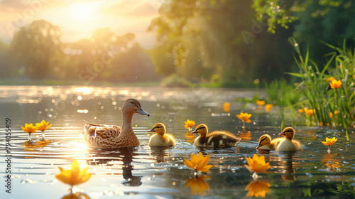Duck family quacking near pond