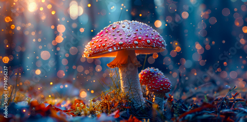 Enchanted forest scene with glowing mushrooms at night