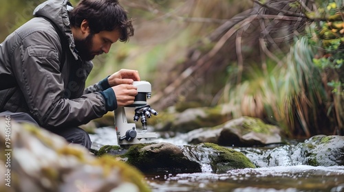 Biologist Evaluating Aquatic Biodiversity through Microscope Observations at Creekside photo