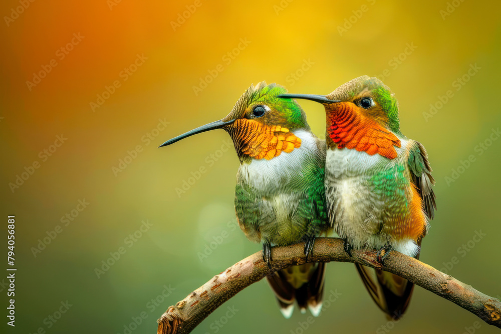Obraz premium Two hummingbirds share a quiet moment perched on a branch.