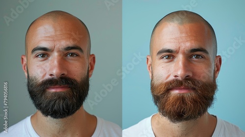 The transformation of a happy guy with a beard and without hair loss. Before and after shave or hair transplant. photo