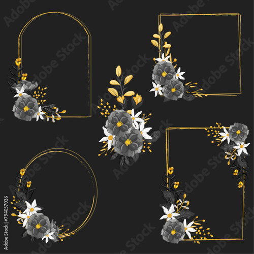 Black Flower Frame Watercolor Illustration
