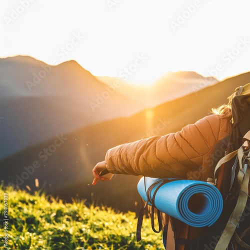 Hiking in the mountains, green pastures, bright and shining sun, mountains during sunrise , generated by AI