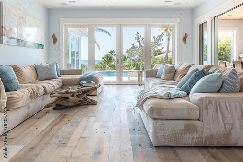 A spacious, open-concept living room with a coastal theme, featuring light wood floors,