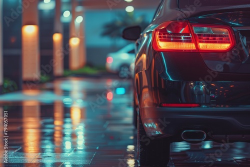 A black car is parked in a parking lot with a wet road. The car glows with the rear brake light on, close-up rear view