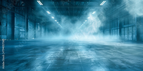 Mysterious Industrial Warehouse Interior with Mist and Cool Lighting photo