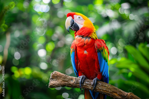 A vibrant macaw perches on a branch in the rainforest. © Hunman