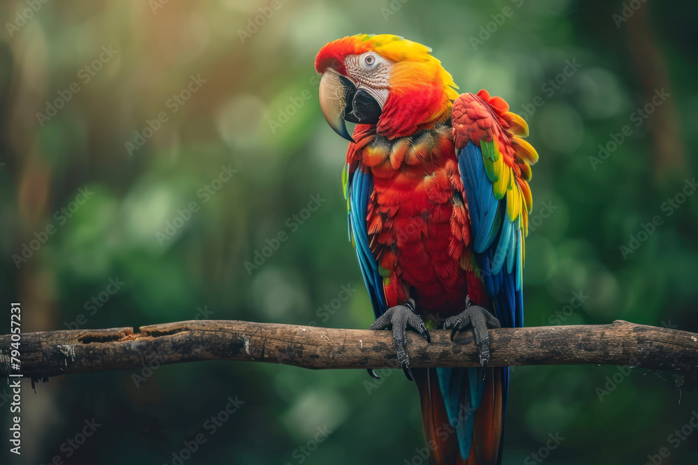 A vibrant macaw perches on a branch in the rainforest.