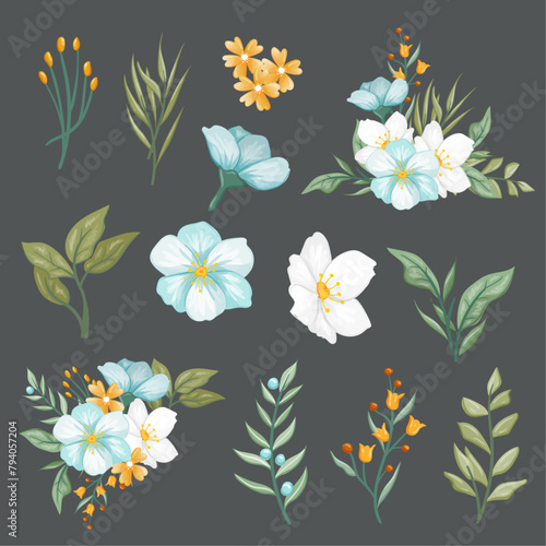 Bleu and White Flower floral Watercolor Illustration