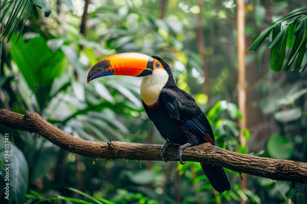 Fototapeta premium A toucan perches on a tree branch in the tropical rainforest.