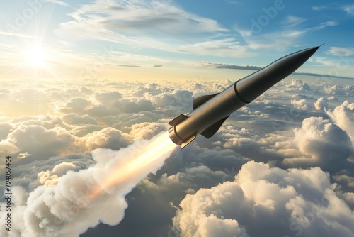 A hypersonic missile flies in the sky above the clouds against the backdrop of the sun, leaving behind a fiery smoke trail