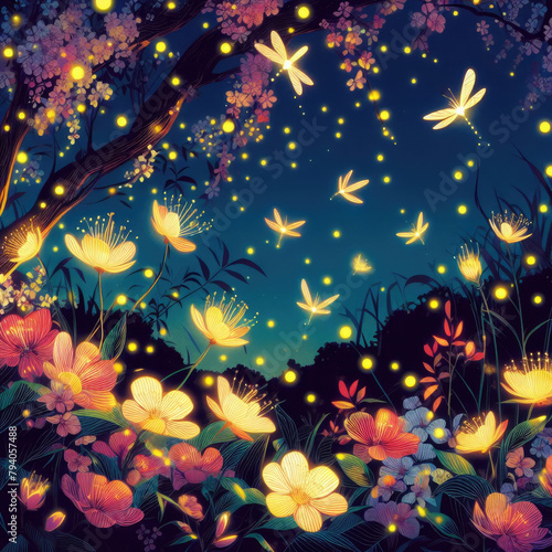 Generative AI Beautiful view of sparkling flowers blooming on a beautiful bright night, Beautiful flowers sparkling at night, Beautiful view of sparkling flowers, Beautiful night flowers in blooms © Riefdeigartz