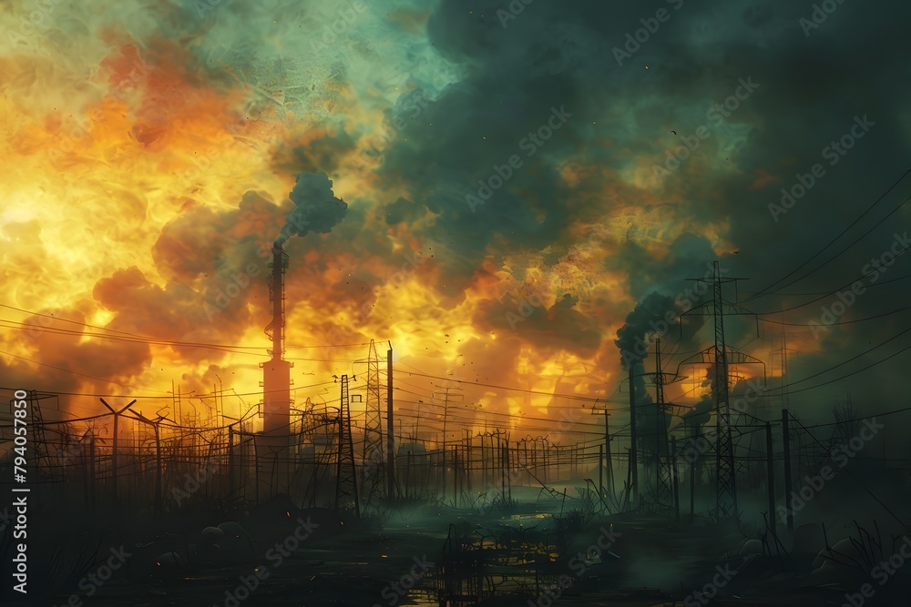 Dramatic Skyline of a Dystopian World Powered by Dangerous Black Market Energy