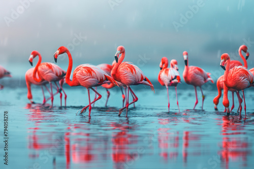 A flamboyance of flamingos wades through a shallow lagoon. © Hunman