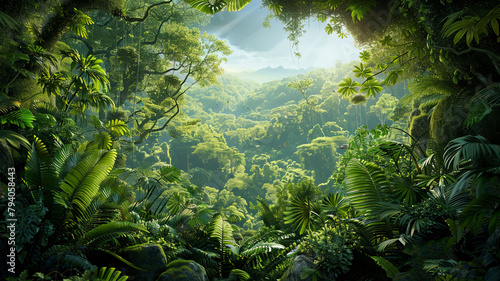 panoramic view of the tropical jungle, tropical forest scenery, tropical green landscape