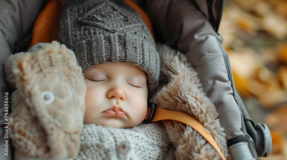 A small child sleeps in a stroller while walking outside A small child sleeps in a stroller while walking outside