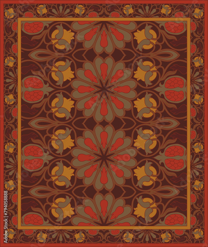 Oriental vector carpet design with pomegranate. Brownd vintage pattern with frame. Ornamental floral background for textile, rug, tapestry. photo