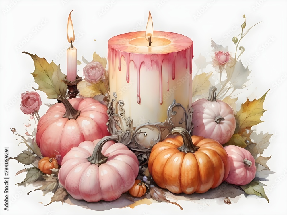 there is a watercolor painting of pumpkins and candles, cute but creepy there is a watercolor painting of pumpkins and candles, cute but creepy