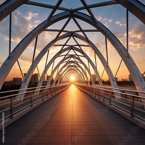 A symmetrical bridge architecture at sunset, realistic steel and glass materials highlighted by luminism, symbolizing connection and innovation photo