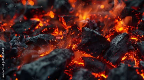 A close-up of embers glowing and fading, their soft light casting an abstract warmth, ideal for a fireplace product advertisement. 